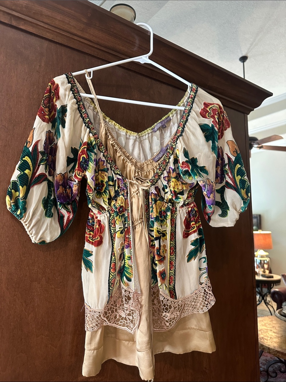 Hale Bob Cream Boho Floral Embroidered Peasant Tunic
